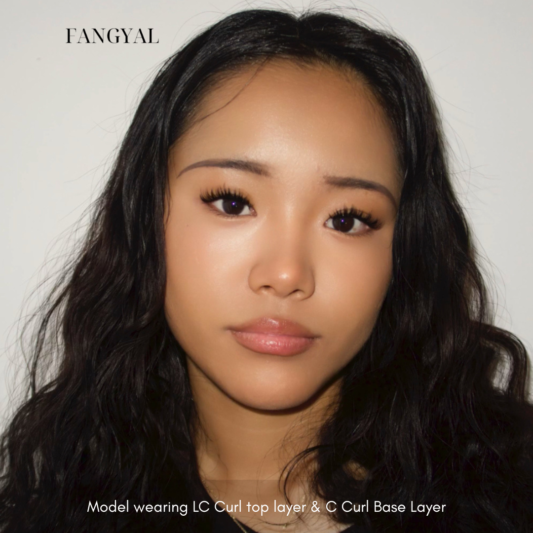 Model wearing FANGYAL eyelash extensions with a neutral background